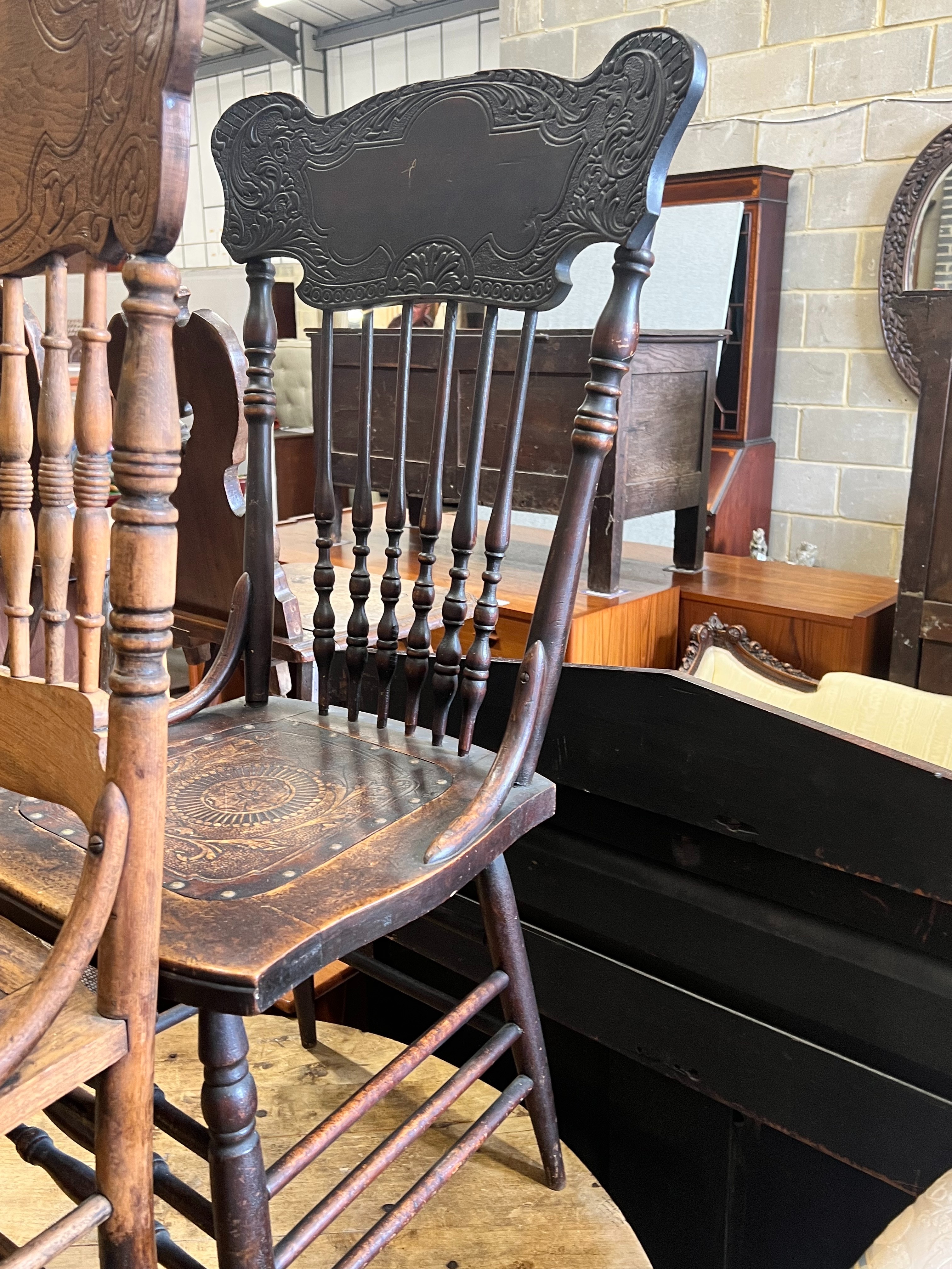 Two American stick back wood seat chairs